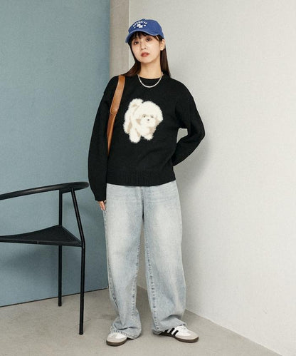 羽毛狗狗提花針織套頭衫