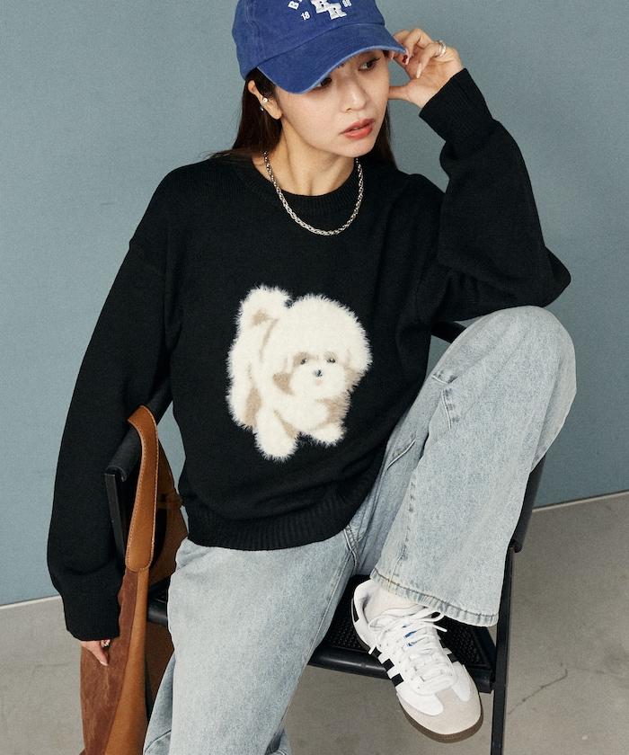 羽毛狗狗提花針織套頭衫