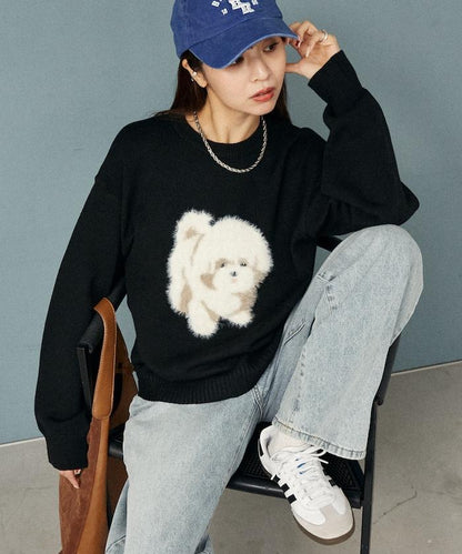 羽毛狗狗提花針織套頭衫