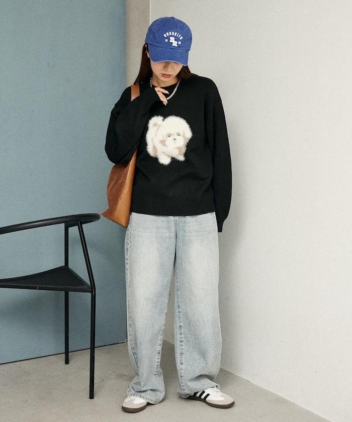 羽毛狗狗提花針織套頭衫