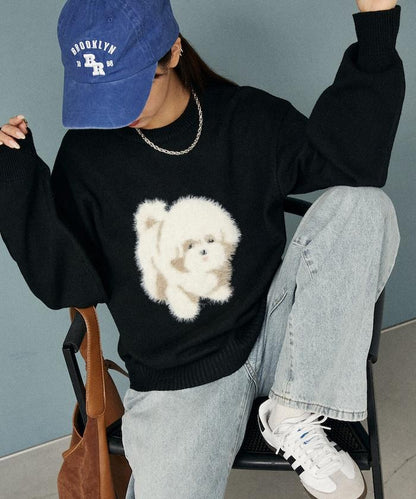 羽毛狗狗提花針織套頭衫