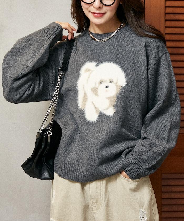 羽毛狗狗提花針織套頭衫