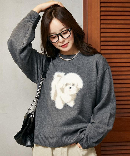 羽毛狗狗提花針織套頭衫