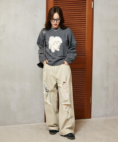 羽毛狗狗提花針織套頭衫