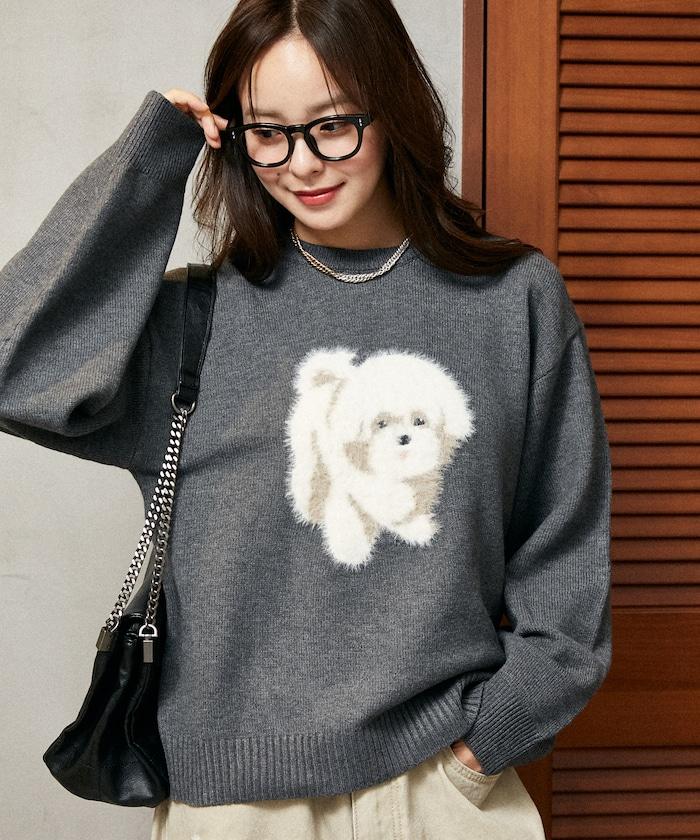 羽毛狗狗提花針織套頭衫