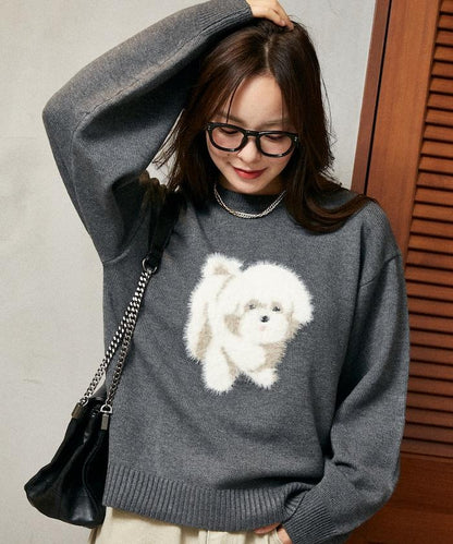 羽毛狗狗提花針織套頭衫