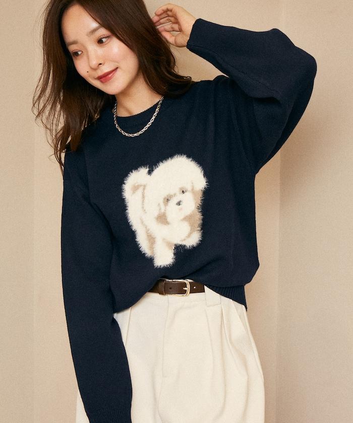 羽毛狗狗提花針織套頭衫