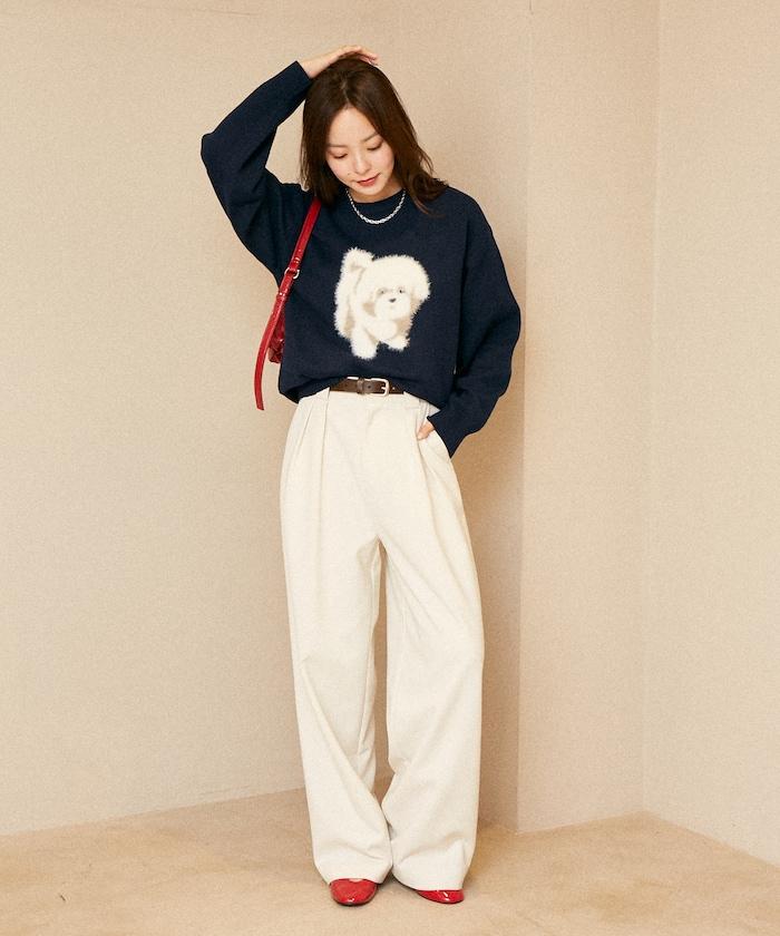 羽毛狗狗提花針織套頭衫