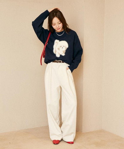 羽毛狗狗提花針織套頭衫