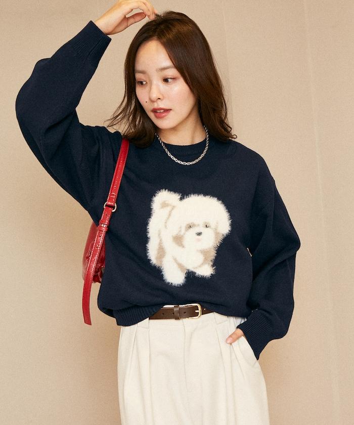 羽毛狗狗提花針織套頭衫