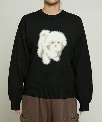 羽毛狗狗提花針織套頭衫