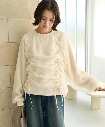 歐根紗疊層抽繩褶皺套頭衫