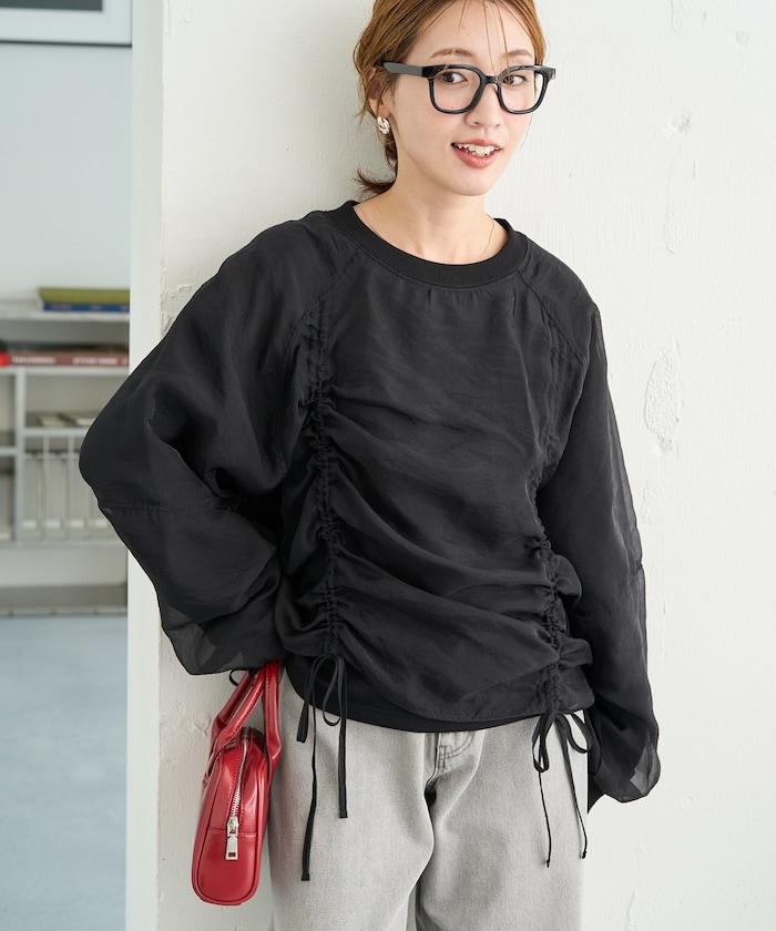 歐根紗疊層抽繩褶皺套頭衫