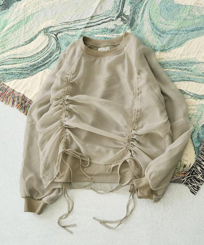 歐根紗疊層抽繩褶皺套頭衫