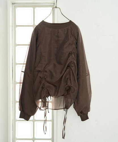 歐根紗疊層抽繩褶皺套頭衫