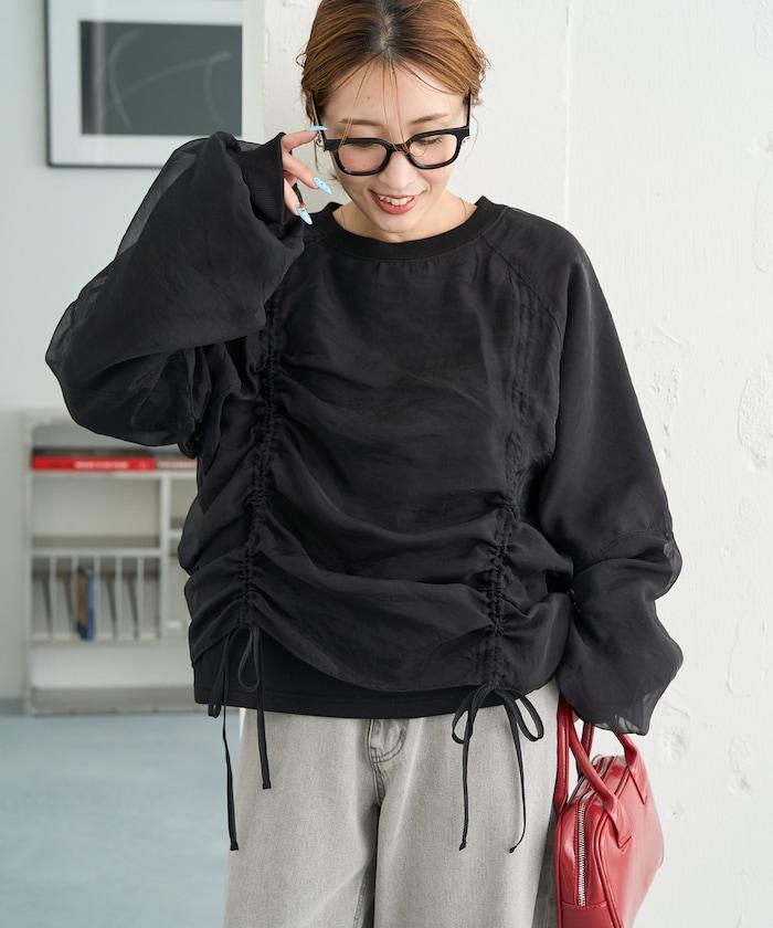 歐根紗疊層抽繩褶皺套頭衫