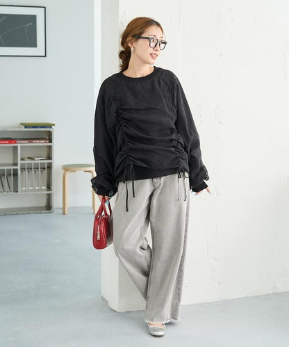 歐根紗疊層抽繩褶皺套頭衫