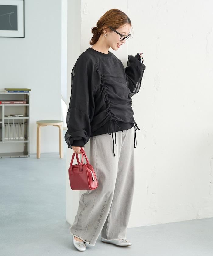 歐根紗疊層抽繩褶皺套頭衫