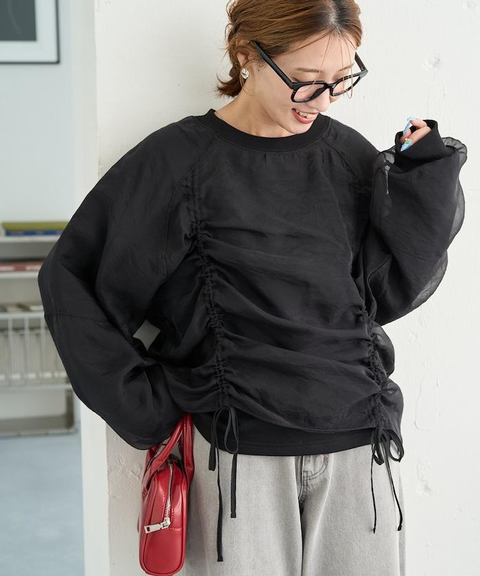 歐根紗疊層抽繩褶皺套頭衫