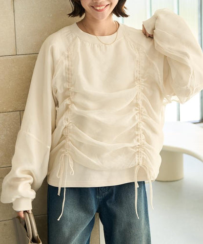 歐根紗疊層抽繩褶皺套頭衫