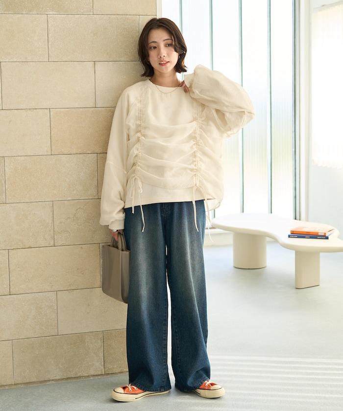 歐根紗疊層抽繩褶皺套頭衫