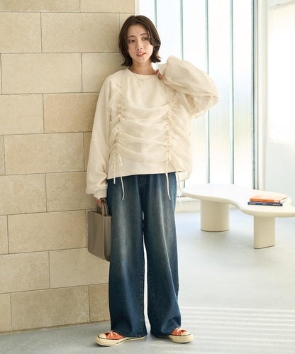 歐根紗疊層抽繩褶皺套頭衫