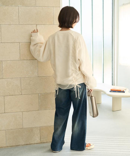 歐根紗疊層抽繩褶皺套頭衫