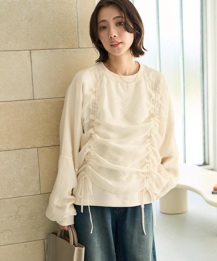 歐根紗疊層抽繩褶皺套頭衫
