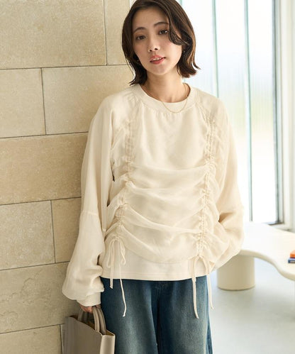 歐根紗疊層抽繩褶皺套頭衫