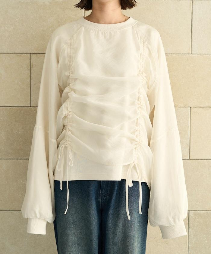 歐根紗疊層抽繩褶皺套頭衫