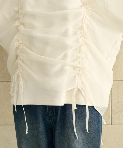歐根紗疊層抽繩褶皺套頭衫