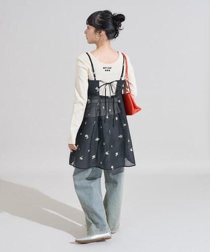 透視提花吊帶迷你連衣裙