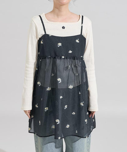 透視提花吊帶迷你連衣裙