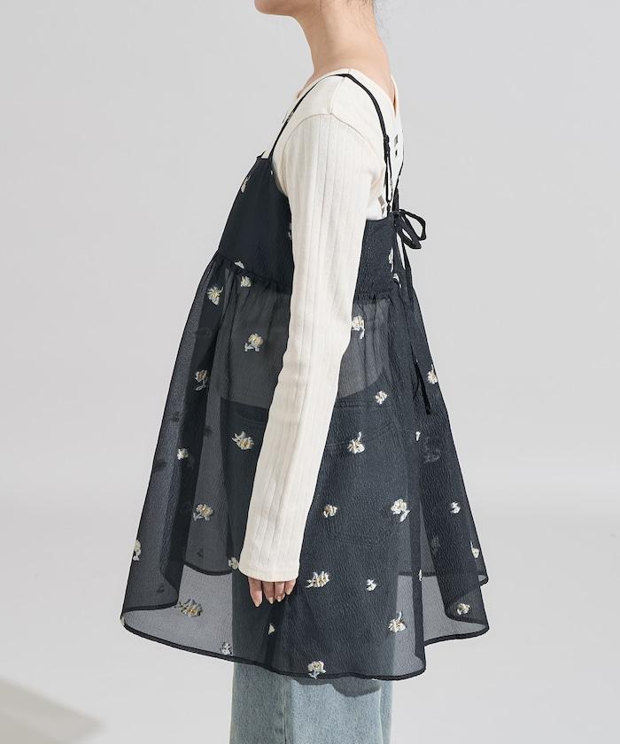 透視提花吊帶迷你連衣裙