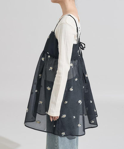 透視提花吊帶迷你連衣裙