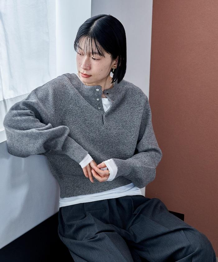 短款按扣亨利領針織衫