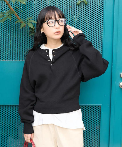 短款按扣亨利領針織衫