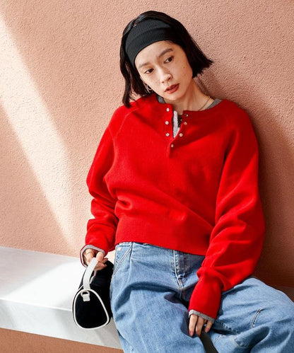 短款按扣亨利領針織衫