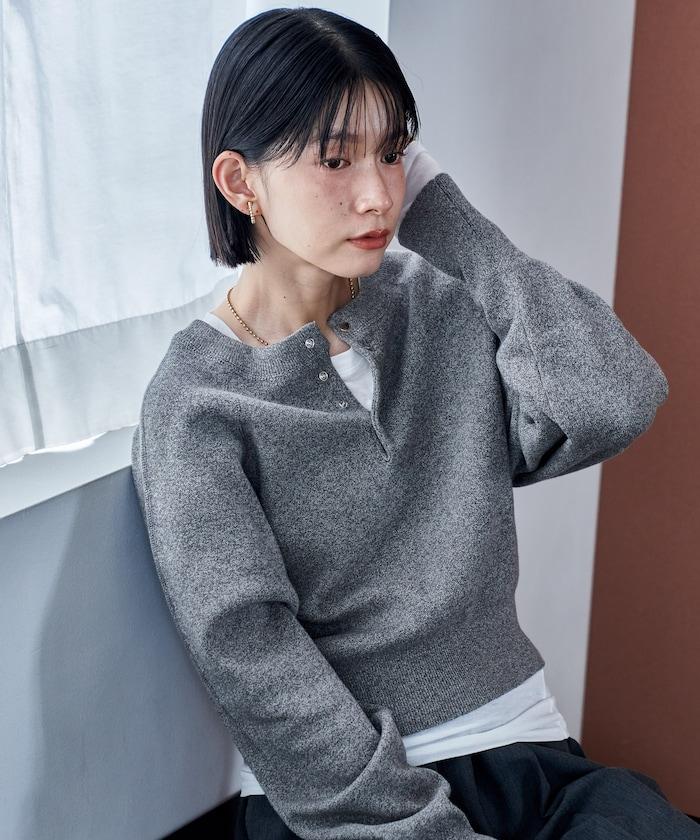 短款按扣亨利領針織衫