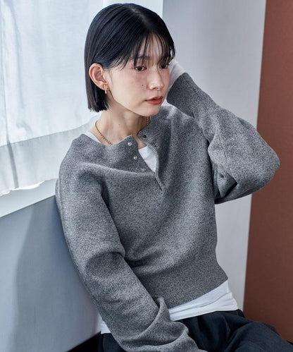 短款按扣亨利領針織衫