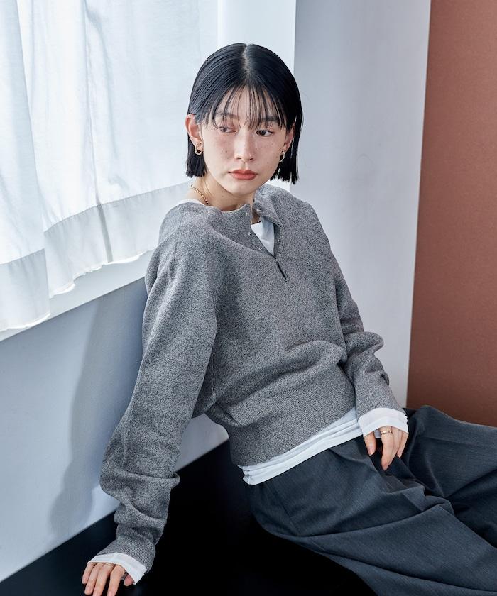 短款按扣亨利領針織衫