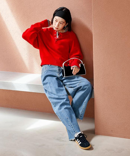 短款按扣亨利領針織衫