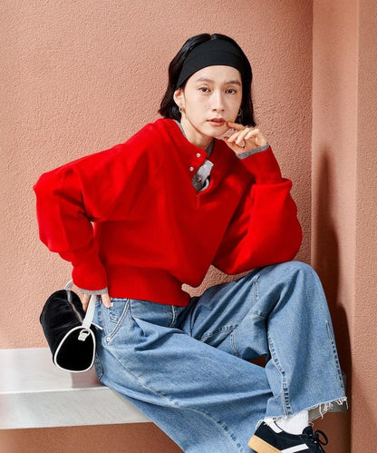 短款按扣亨利領針織衫