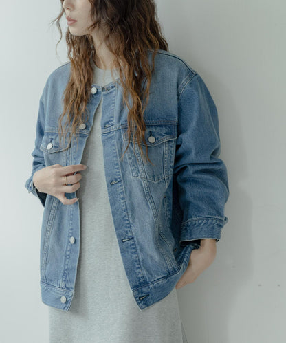 無領寬鬆牛仔夾克