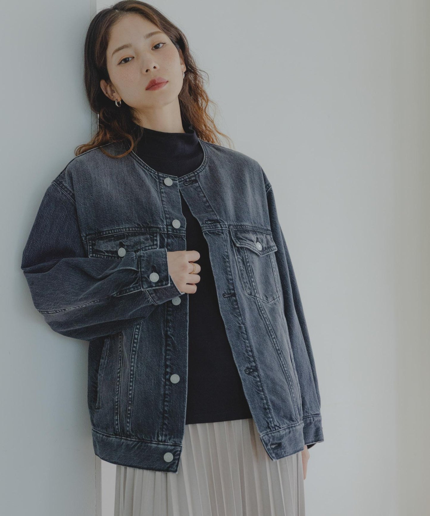 無領寬鬆牛仔夾克