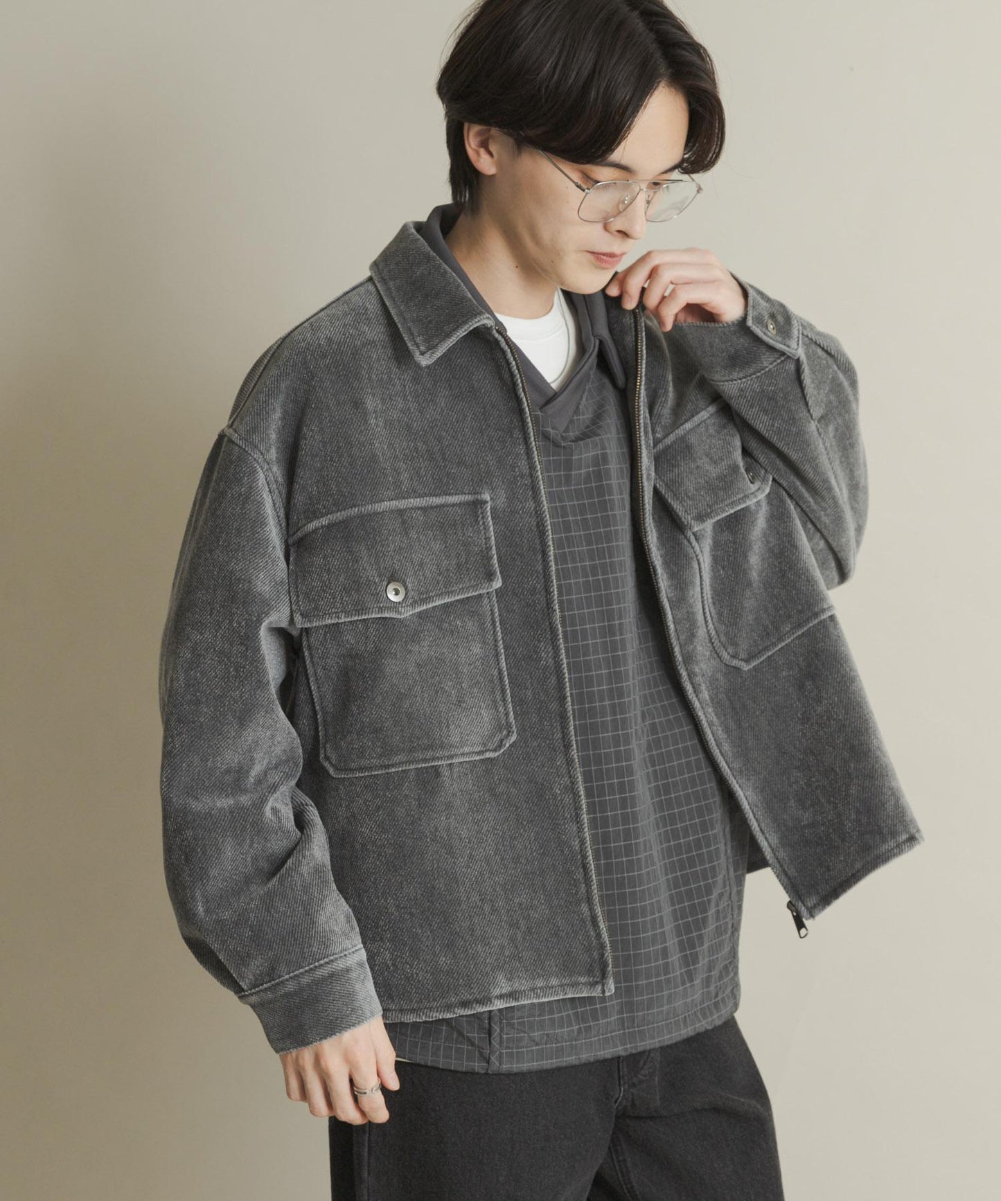 復古斜紋拉鍊夾克