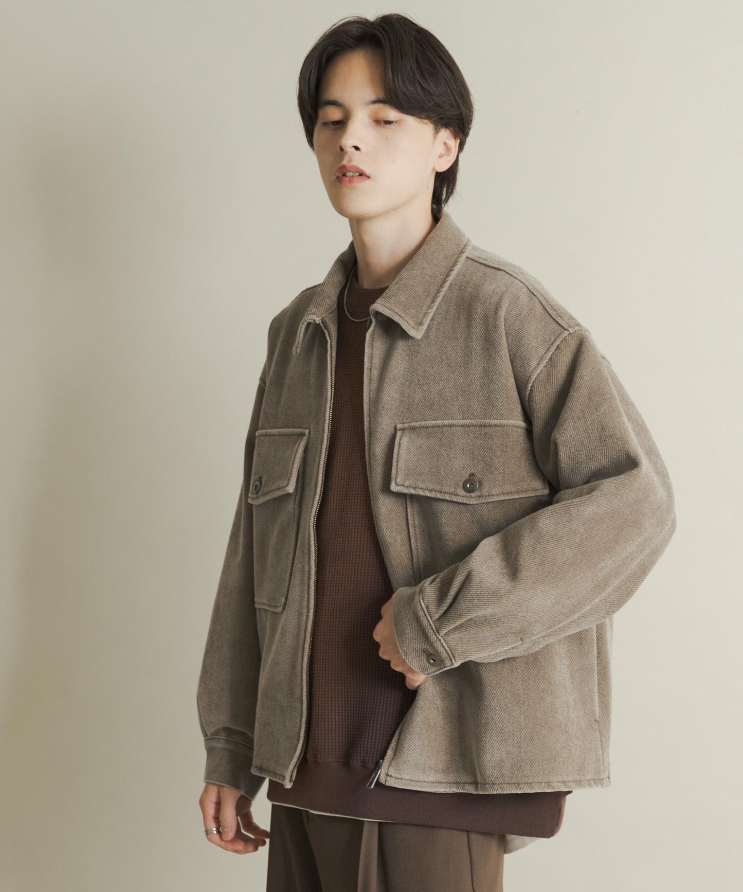 復古斜紋拉鍊夾克