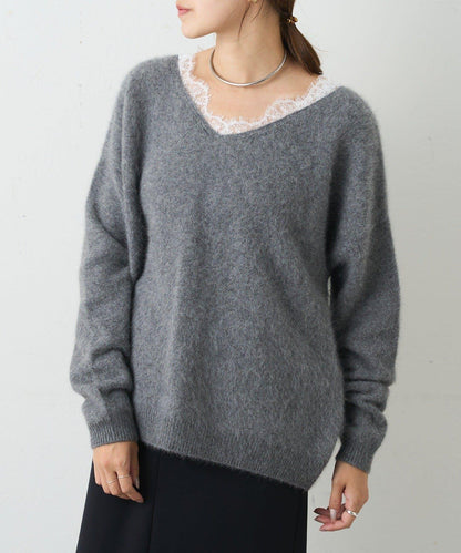 蕾絲V領羊毛針織衫
