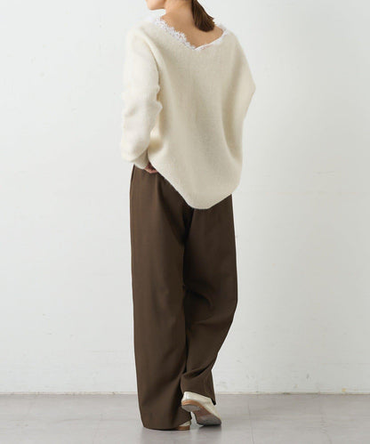 蕾絲V領羊毛針織衫