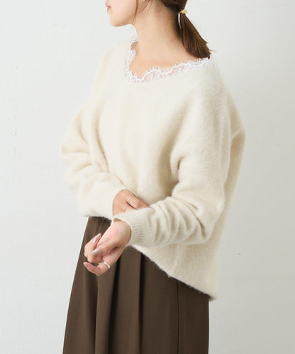 蕾絲V領羊毛針織衫